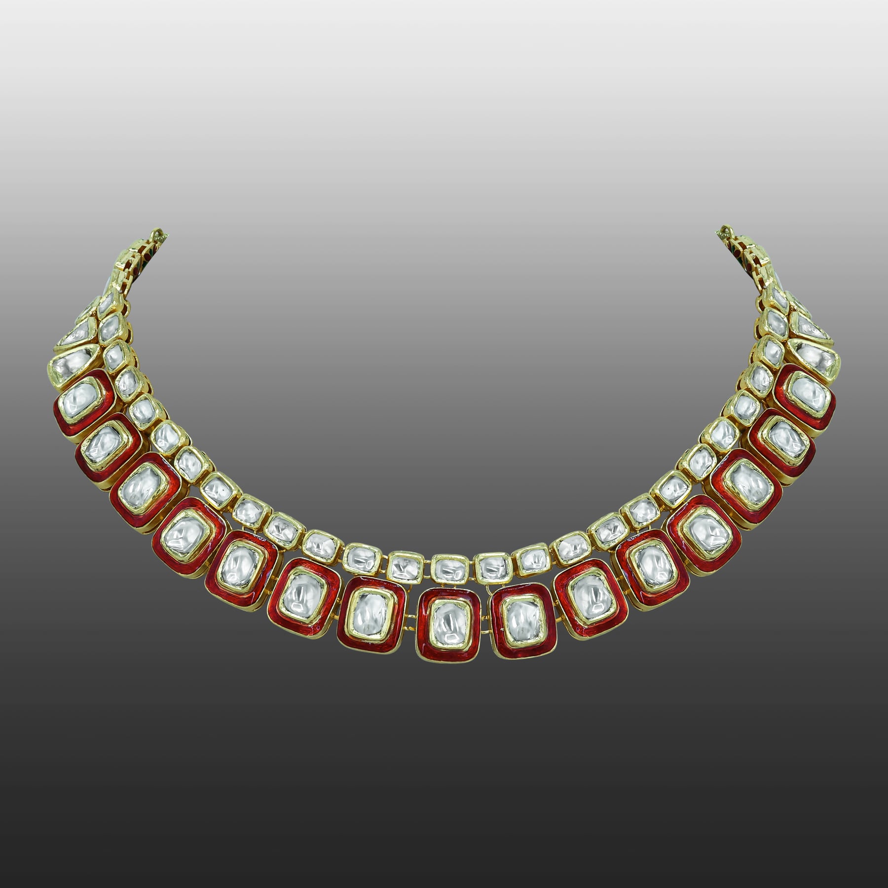 Square and Rectangular Polki Necklace with Red Enamel